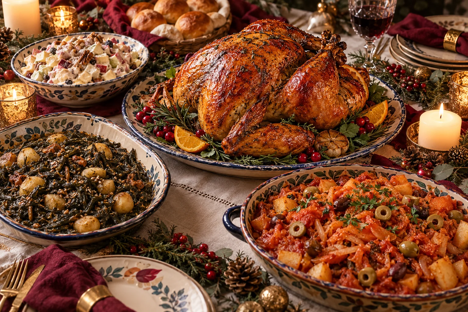 Pavo al horno, romeritos, bacalao y ensalada de manzana en una mesa navideña