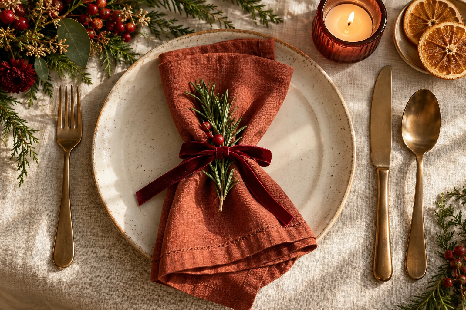 Plato de cerámica con servilleta de lino terracota y detalles navideños
