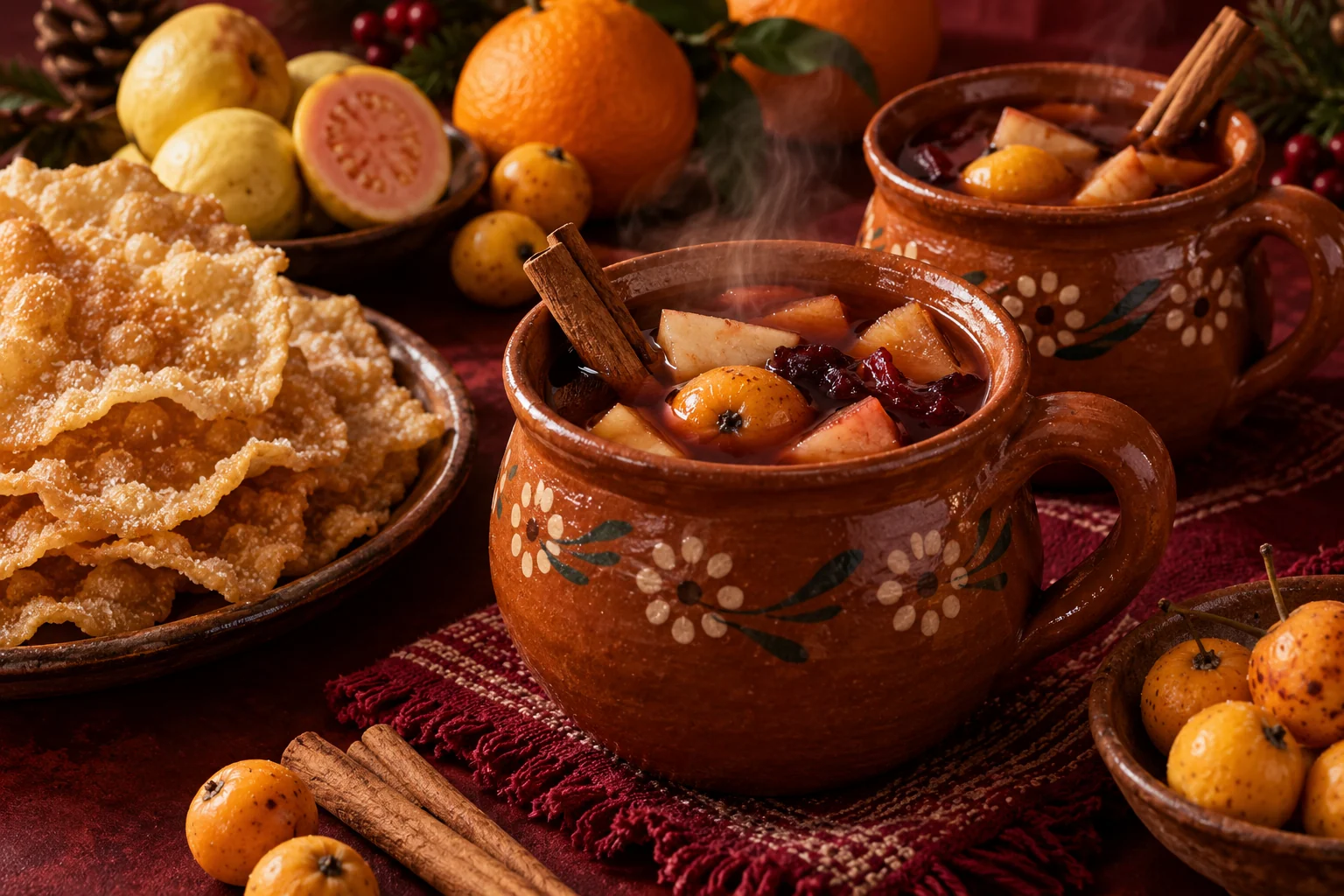 Ponche de frutas en jarros de barro junto a buñuelos, guayabas y canela